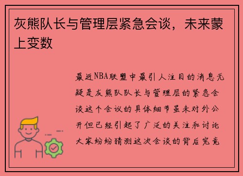 灰熊队长与管理层紧急会谈，未来蒙上变数
